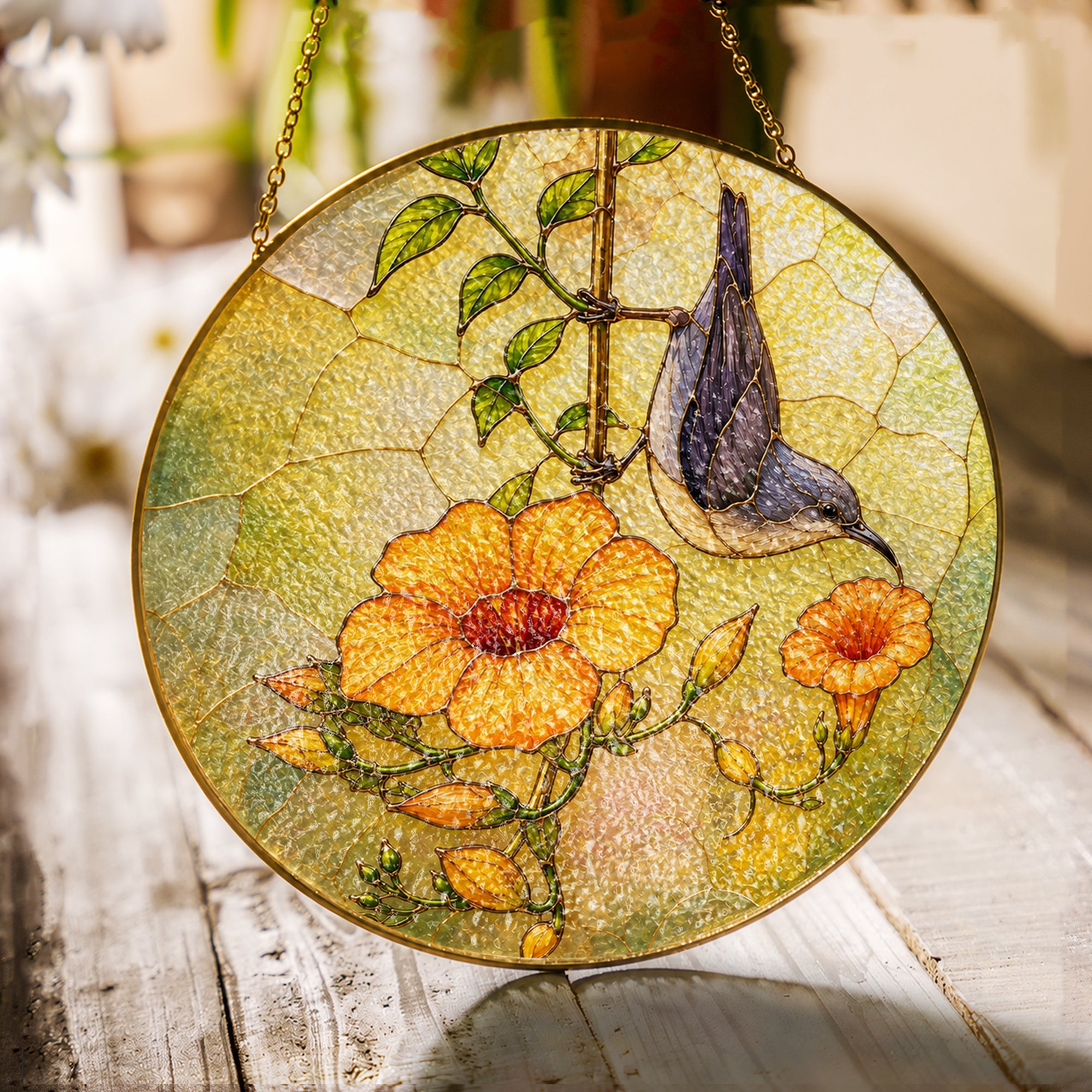 Nuthatch & Trumpet Flower Stained Glass Suncatcher