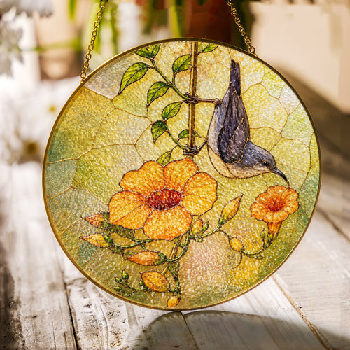 Nuthatch & Trumpet Flower Stained Glass Suncatcher