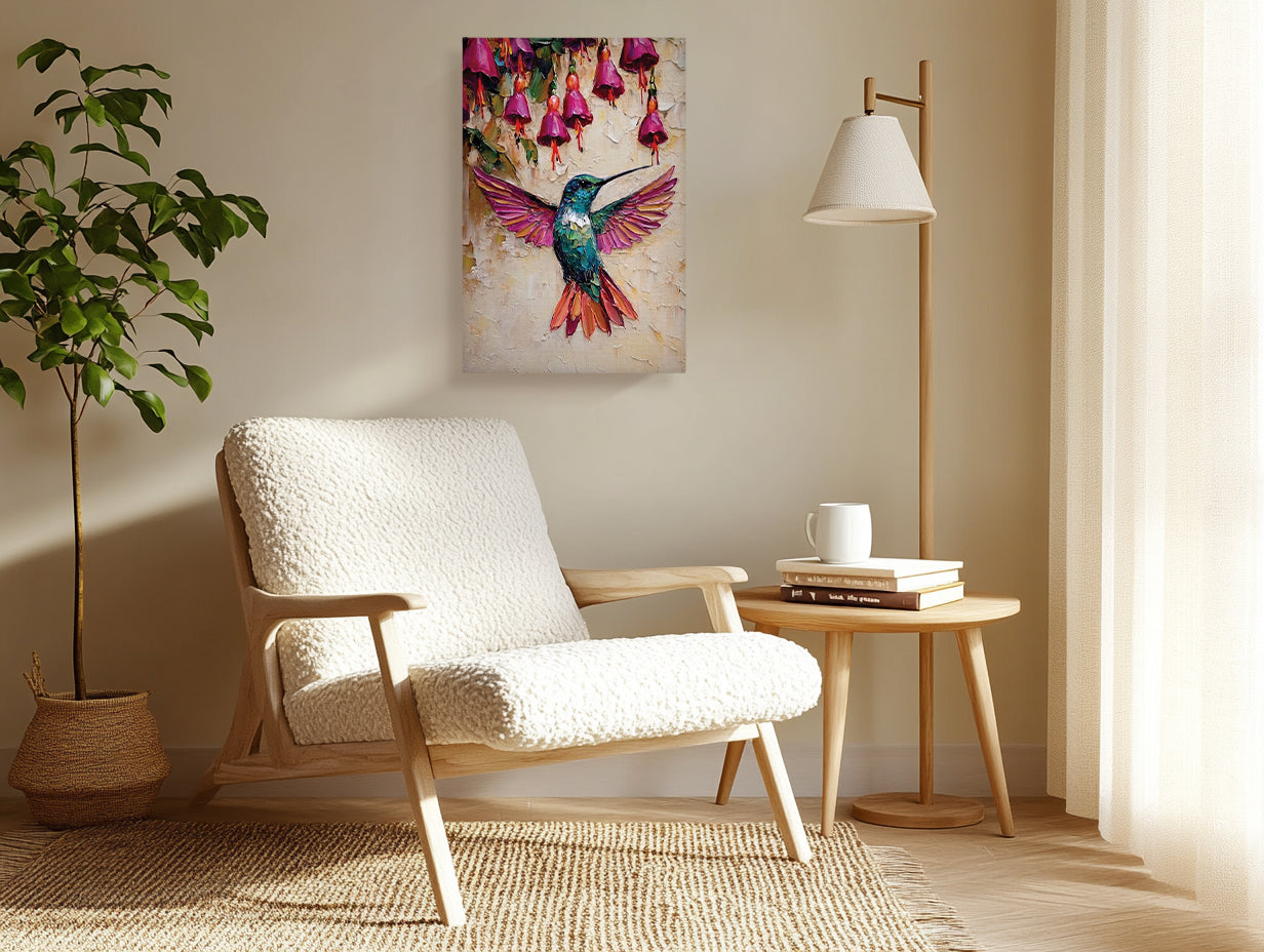 Hummingbird Canvas Wall Art Colorful Painting with Pink Flowers