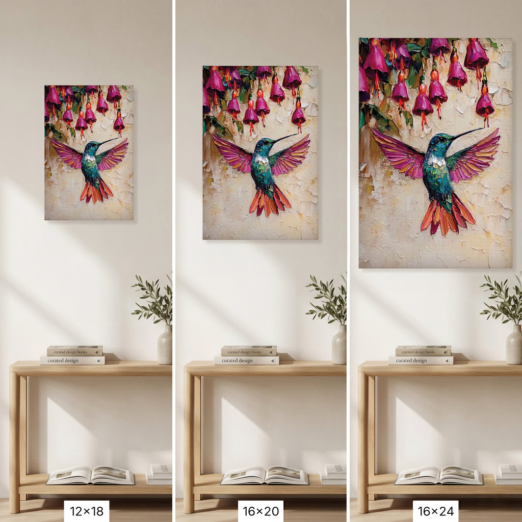 Hummingbird Canvas Wall Art Colorful Painting with Pink Flowers