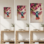 Hummingbird Canvas Wall Art Colorful Painting with Pink Flowers