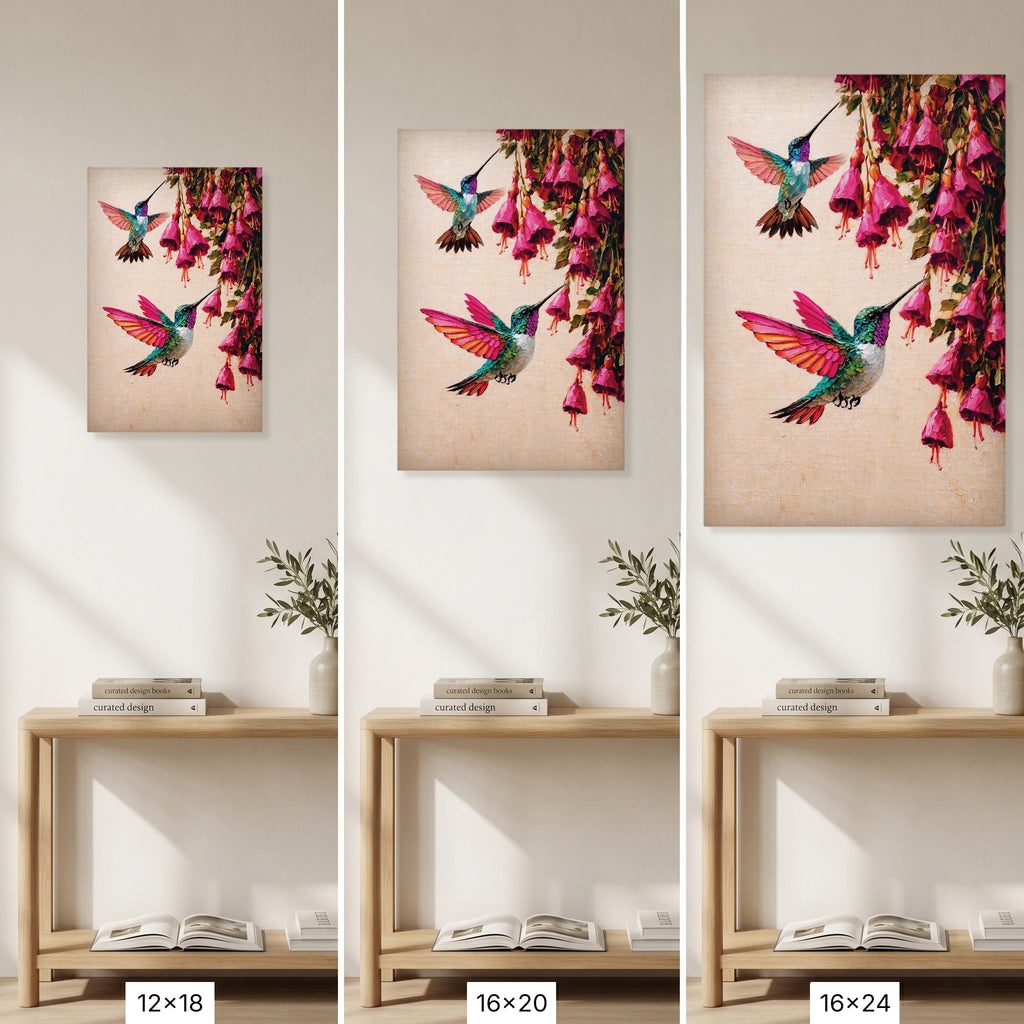 Canvas Wall Art Colorful Hummingbird Painting with Pink Flowers
