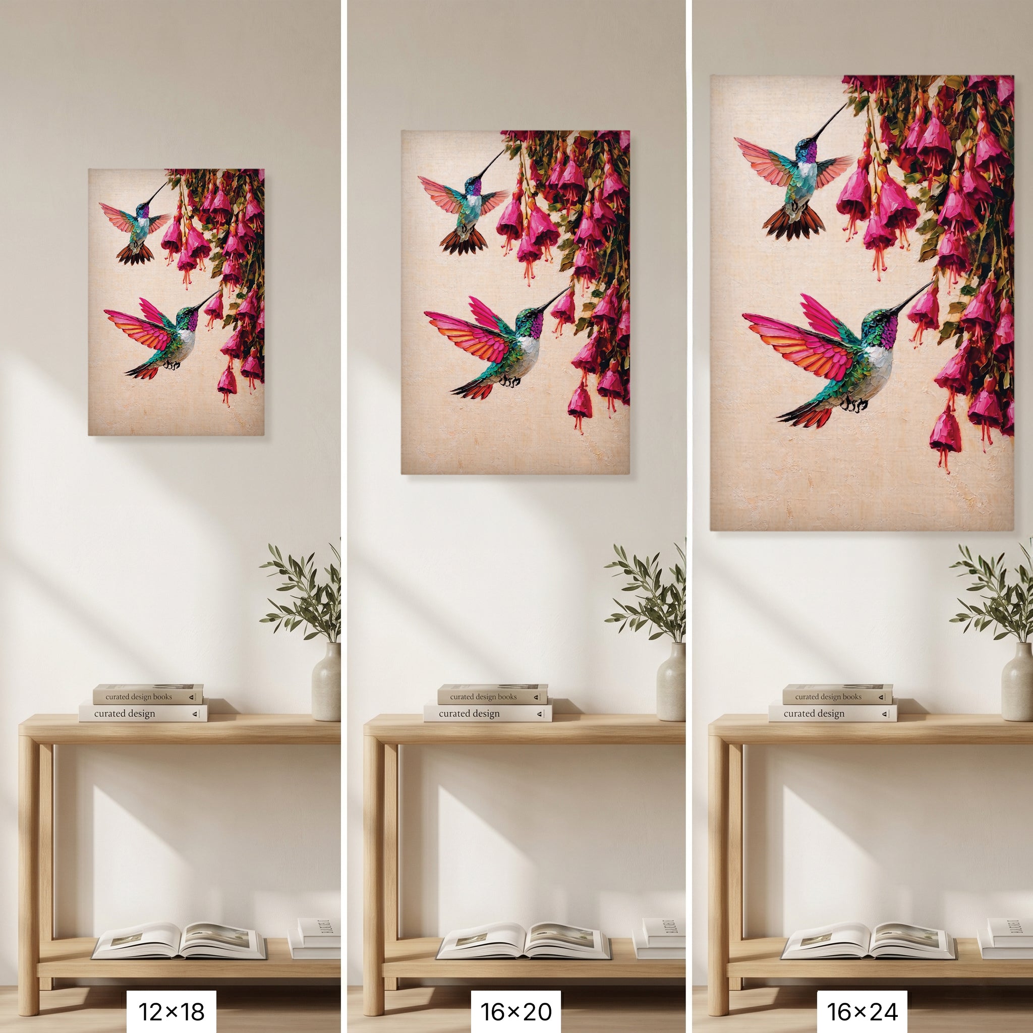 Canvas Wall Art Colorful Hummingbird Painting with Pink Flowers