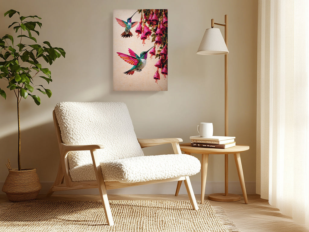 Canvas Wall Art Colorful Hummingbird Painting with Pink Flowers
