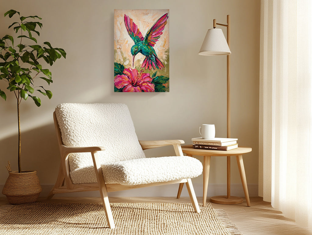 Hummingbird Canvas Wall Art Colorful Painting with Flower, Botanical Bird Prints for Living Room Bedroom Office