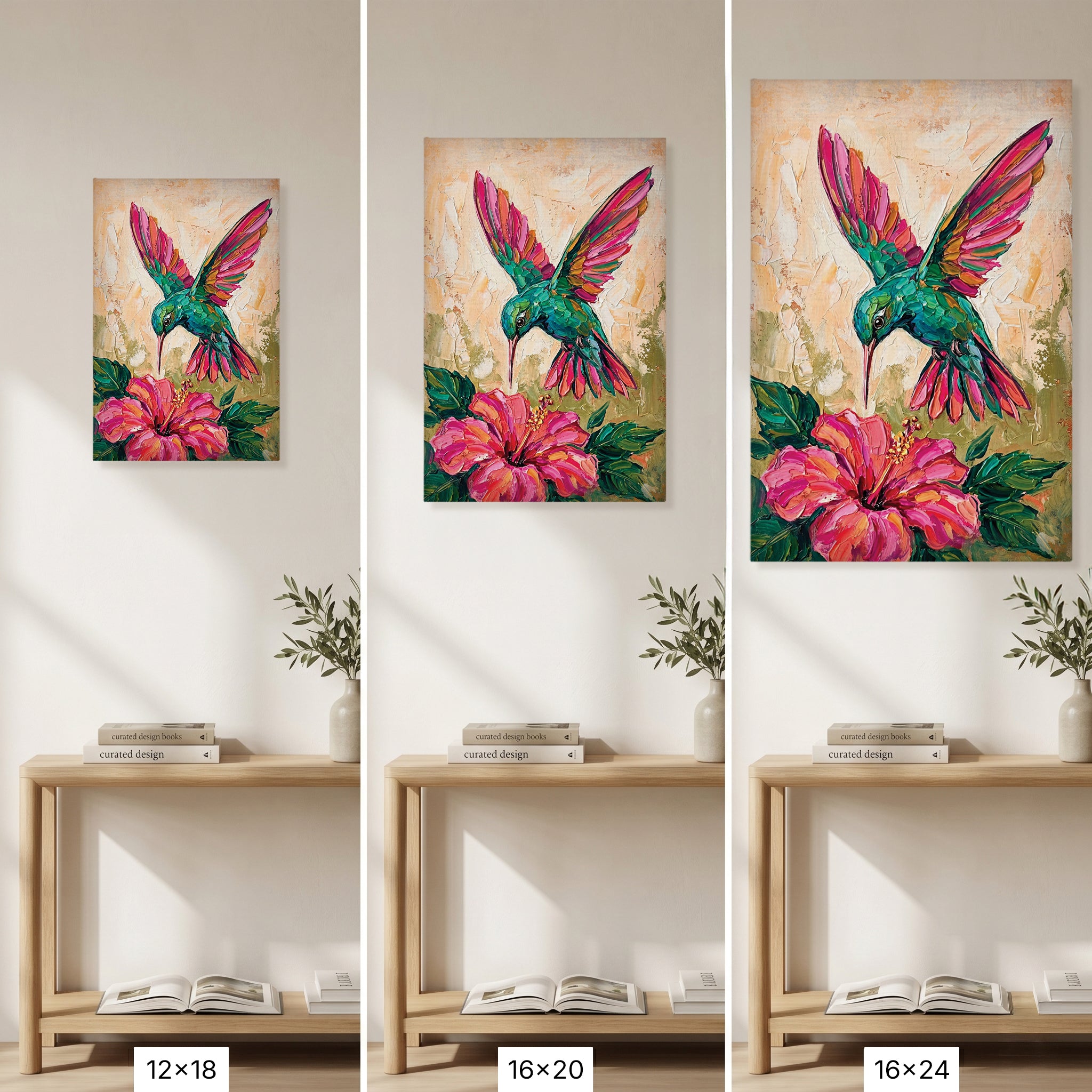 Hummingbird Canvas Wall Art Colorful Painting with Flower, Botanical Bird Prints for Living Room Bedroom Office