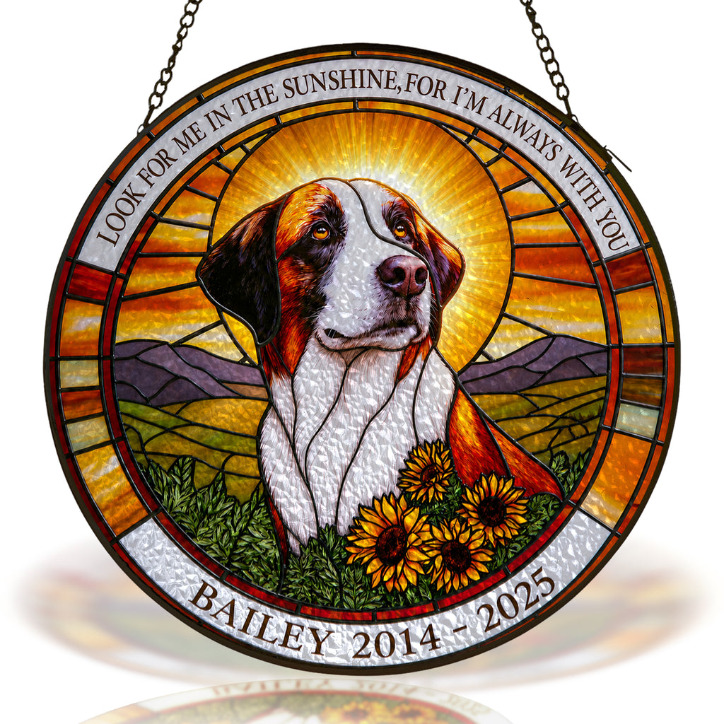 Personalized dog memorial stained glass suncatcher with sunset and sunflowers