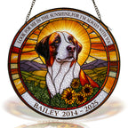 Personalized dog memorial stained glass suncatcher with sunset and sunflowers