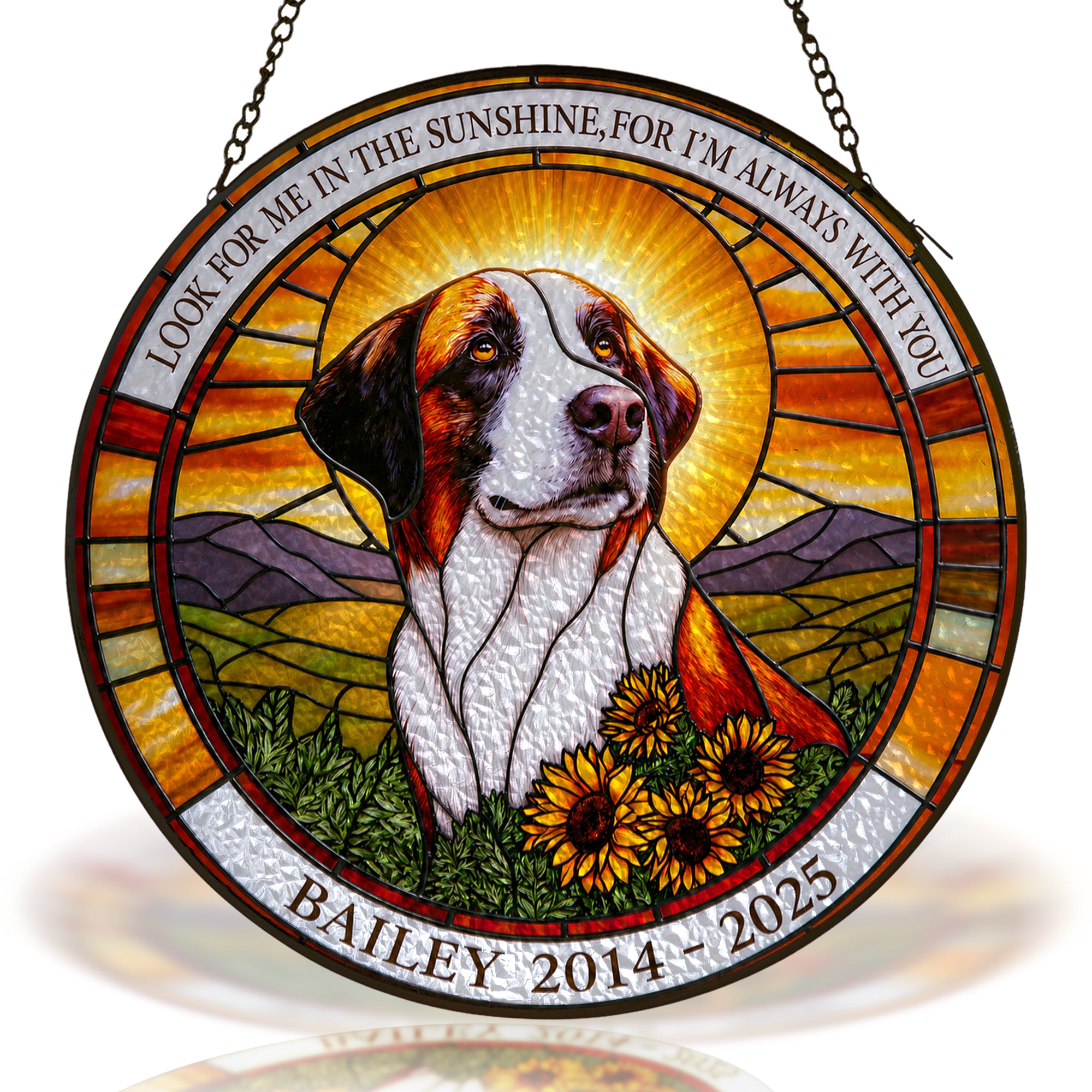 Personalized dog memorial stained glass suncatcher with sunset and sunflowers