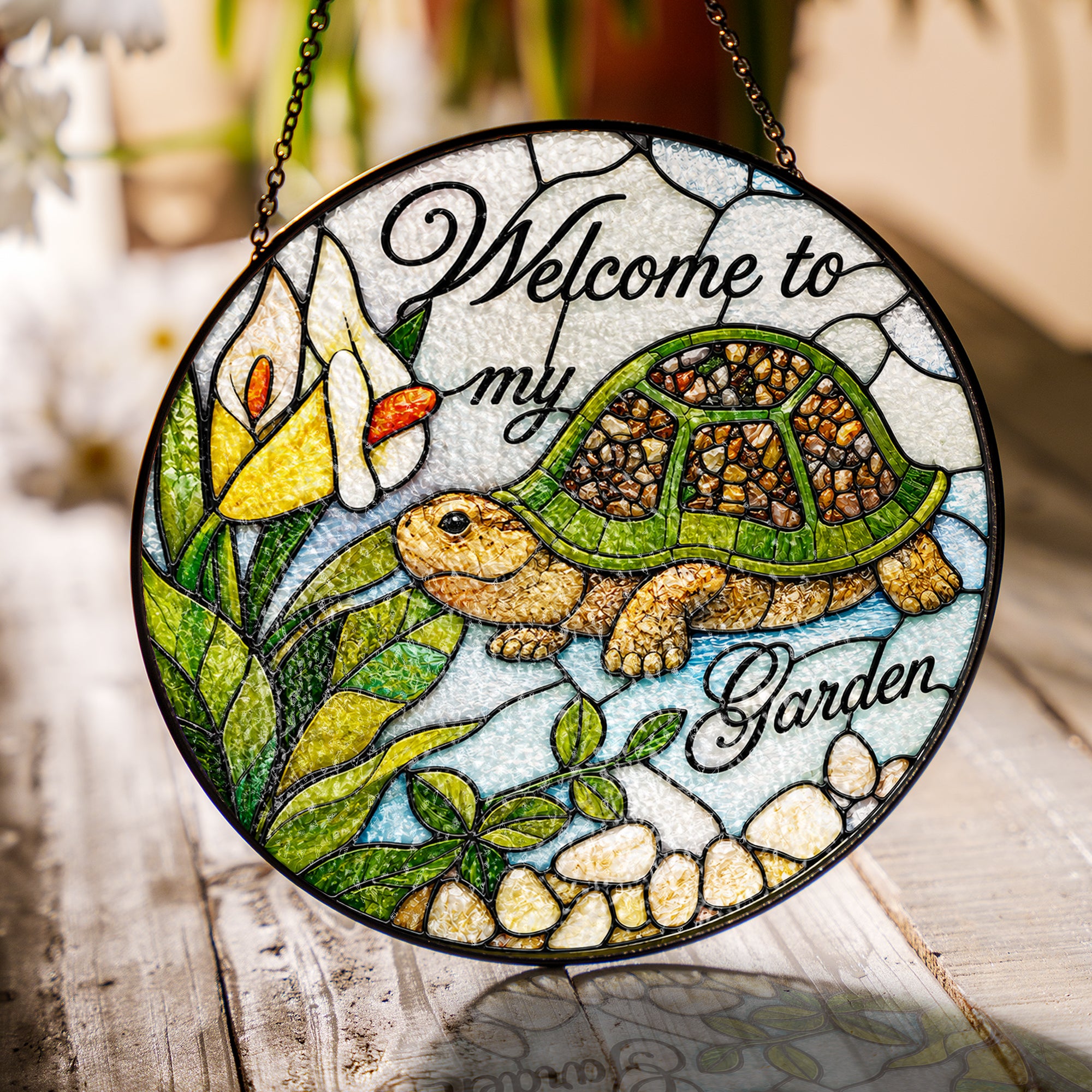 Welcome to My Garden Turtle Stained Glass Suncatcher