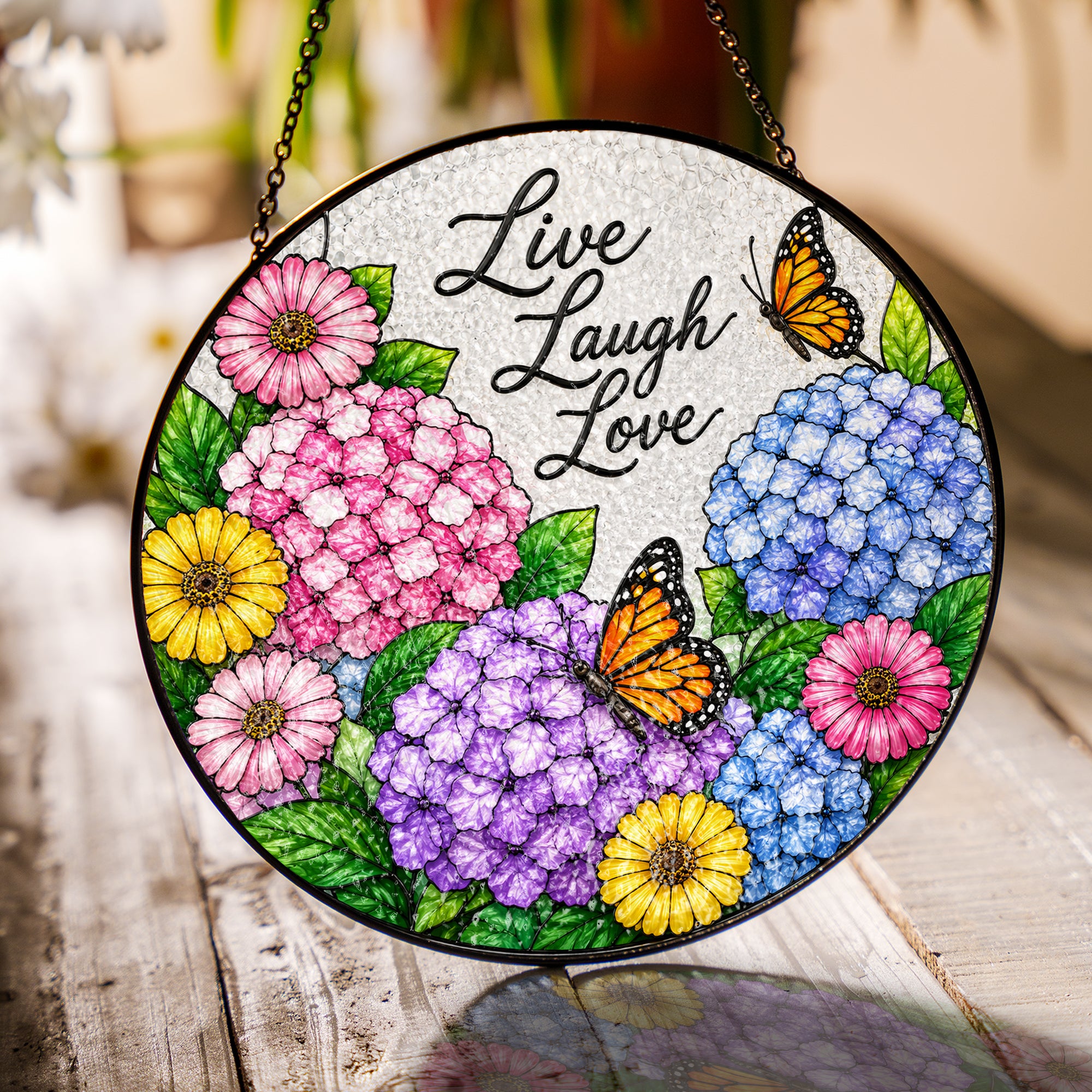 Live Laugh Love Floral Butterfly Stained Glass Suncatcher