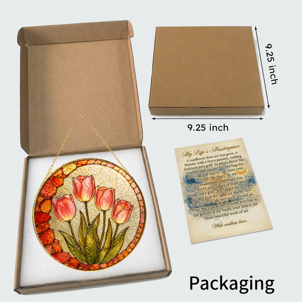 Pink tulip stained glass suncatcher gift box packaging