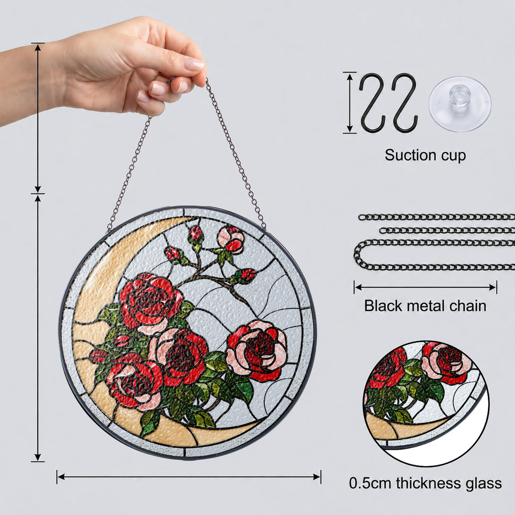 Rose suncatcher details: black metal chain, suction cup, and 0.5 cm thick glass