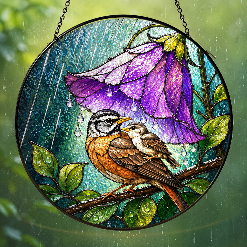 Bird & Purple Bellflower Umbrella Stained Glass Suncatcher