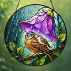 Bird & Purple Bellflower Umbrella Stained Glass Suncatcher