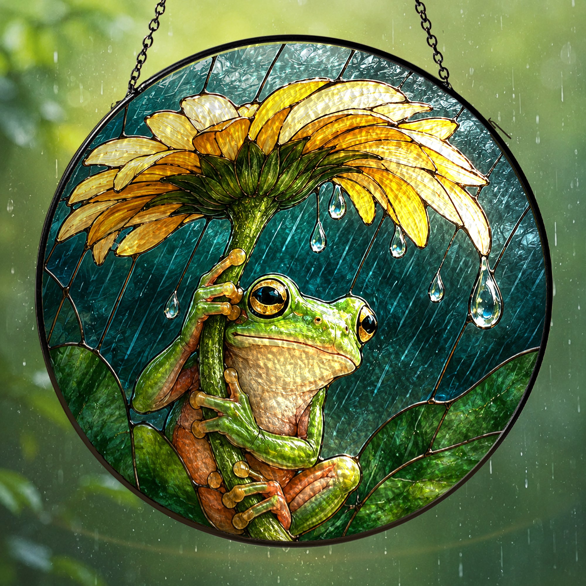 Frog with Sunflower Umbrella Stained Glass Suncatcher