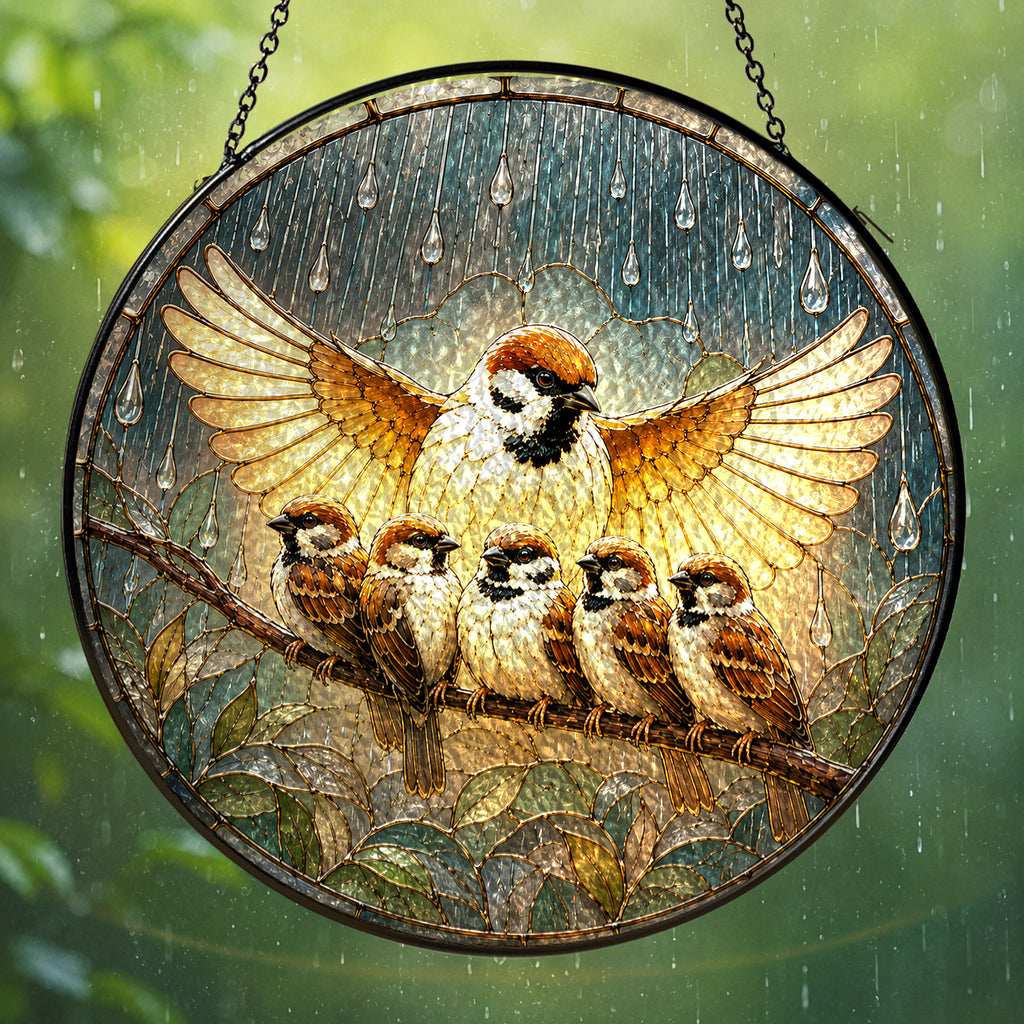 Mother Sparrow Sheltering Chicks Stained Glass Suncatcher
