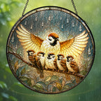 Mother Sparrow Sheltering Chicks Stained Glass Suncatcher