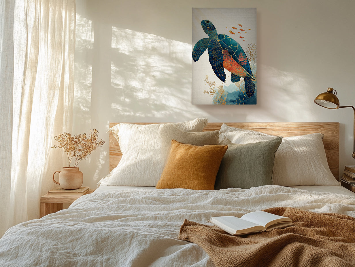 Sea Turtle Canvas Wall Art with Coral Reef and Gold Line Design