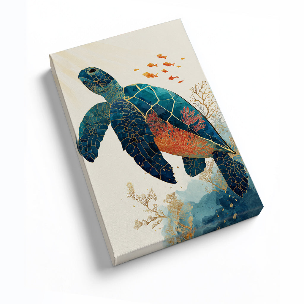 Sea Turtle Canvas Wall Art with Coral Reef and Gold Line Design