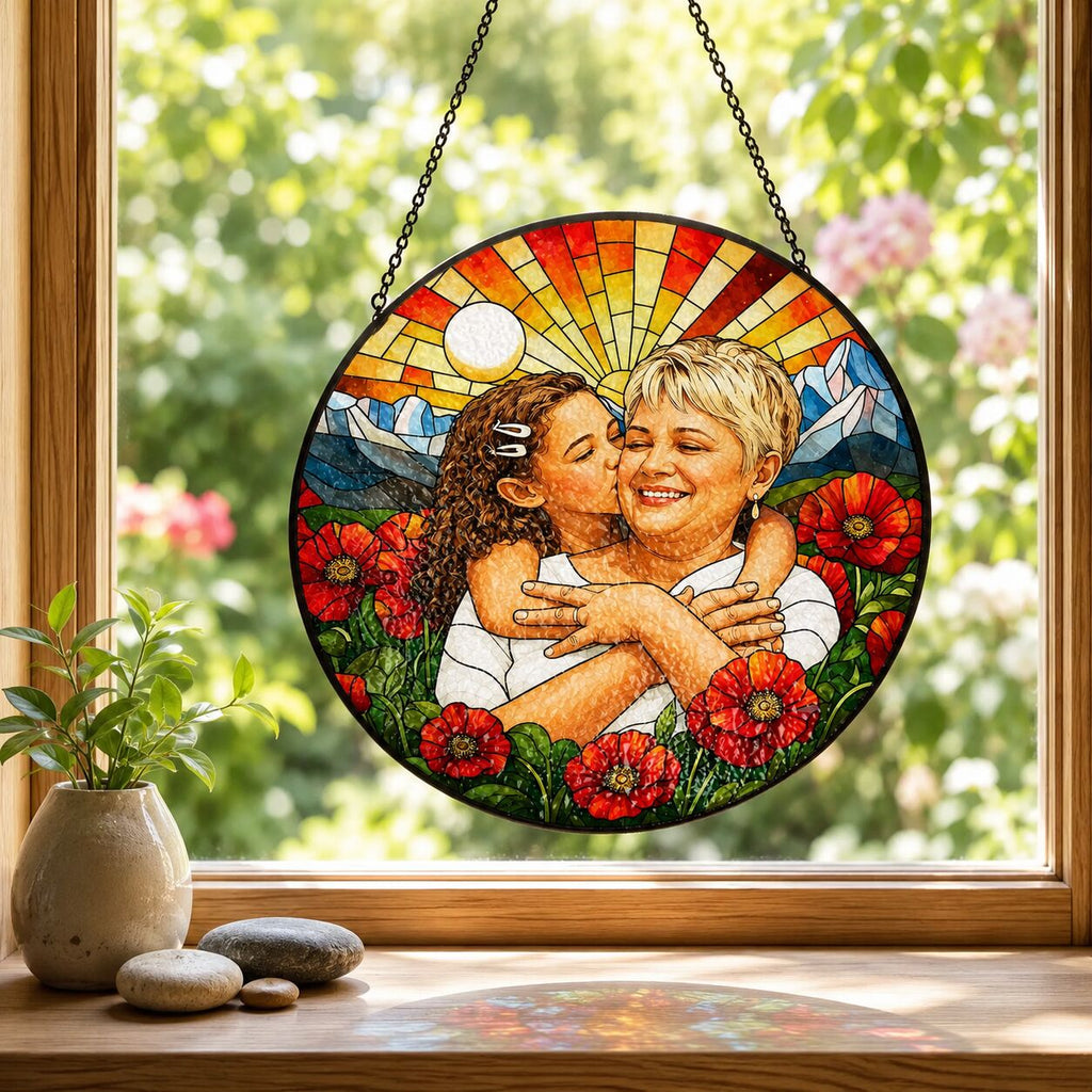 Personalized Poppy Sunrise Photo Stained Glass Suncatcher