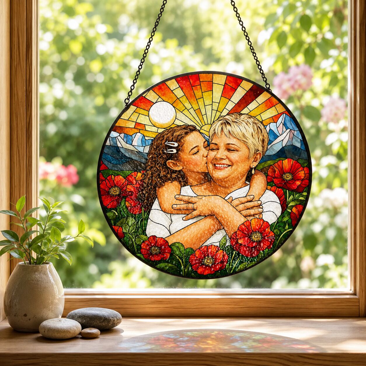 Personalized Poppy Sunrise Photo Stained Glass Suncatcher