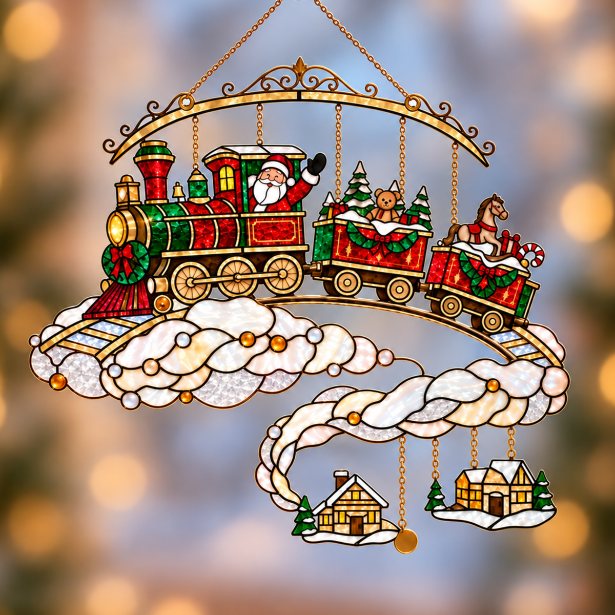 Santa Christmas Train on the Clouds Holographic Acrylic Suncatcher