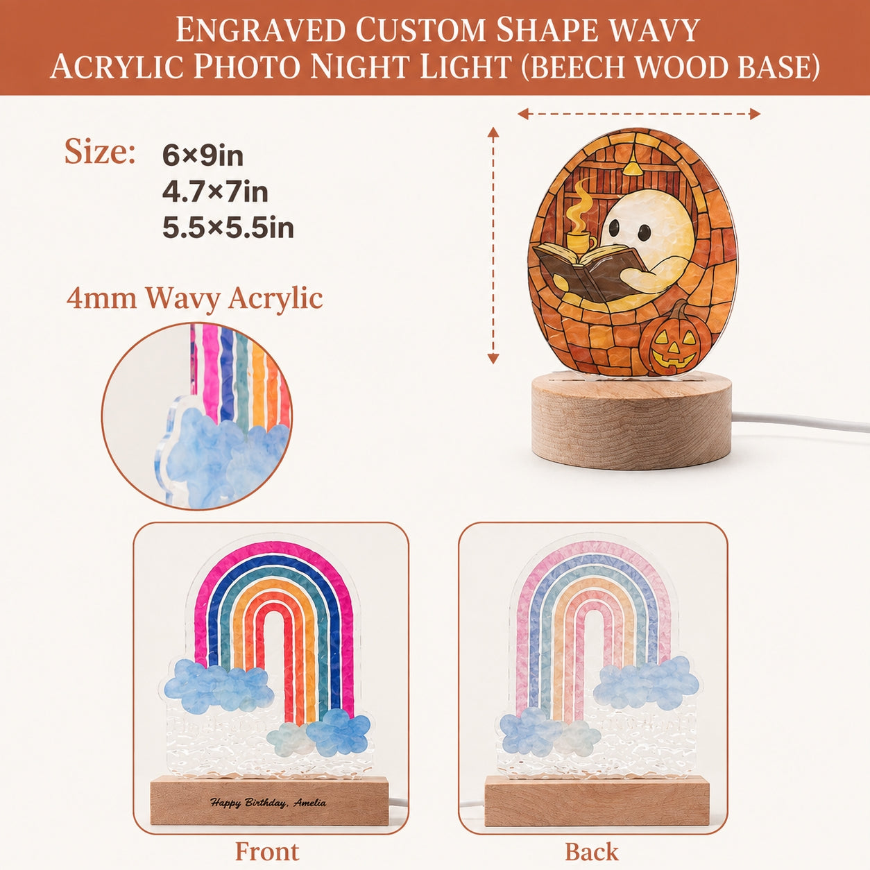 Custom engraved acrylic photo night light on a beech wood base, featuring a rainbow and cloud design with a cartoon character reading. The image includes size options, a close-up of the wavy acrylic edge, and front/back views on a light beige background.