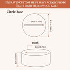 Technical dimension diagram of a custom engraved wavy acrylic photo night light with a circular base and depth measurements, labeled as beech wood base.