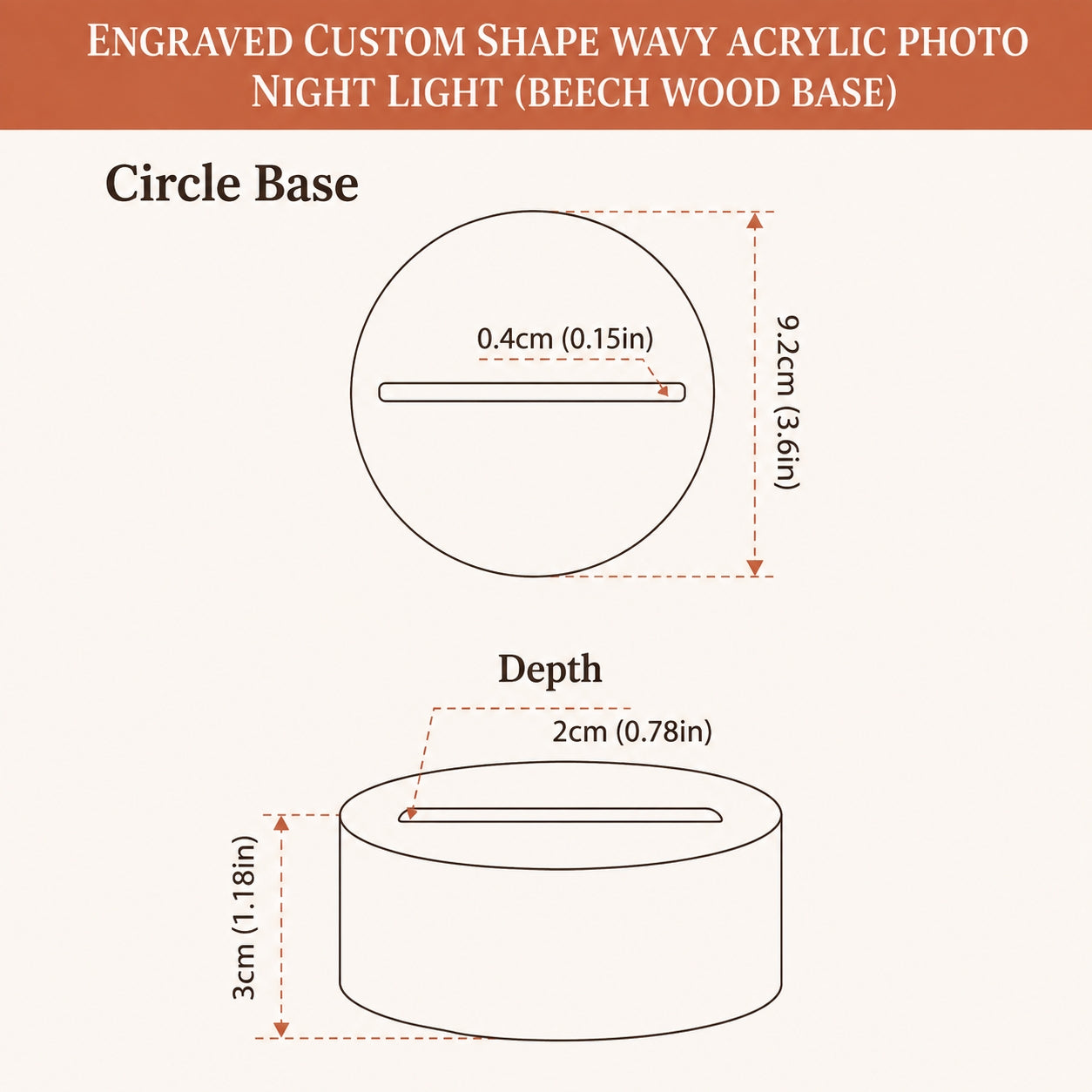 Technical dimension diagram of a custom engraved wavy acrylic photo night light with a circular base and depth measurements, labeled as beech wood base.