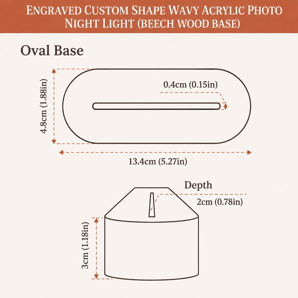 Technical dimension diagram of an engraved custom shape wavy acrylic photo night light with a beech wood base, showing the oval base measurements and depth details.