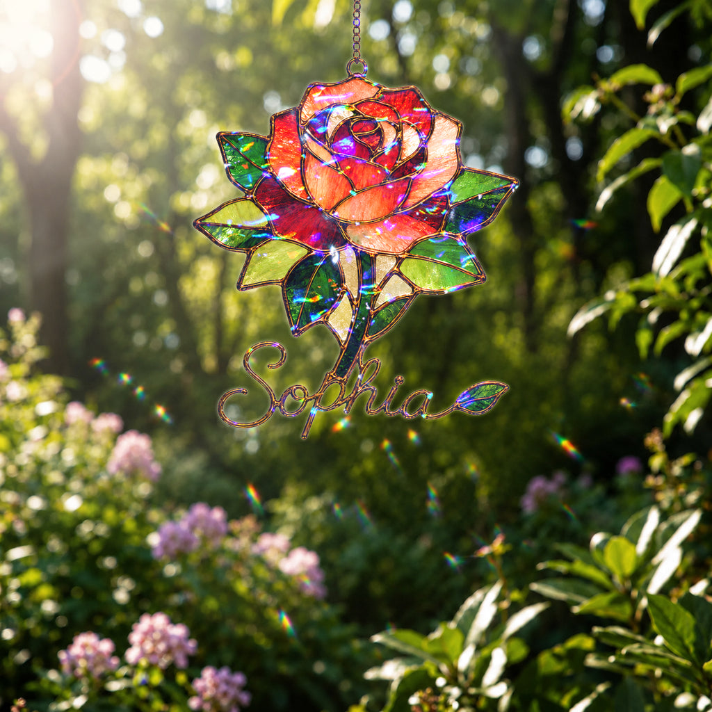 Personalized Red Rose Holographic Acrylic Suncatcher