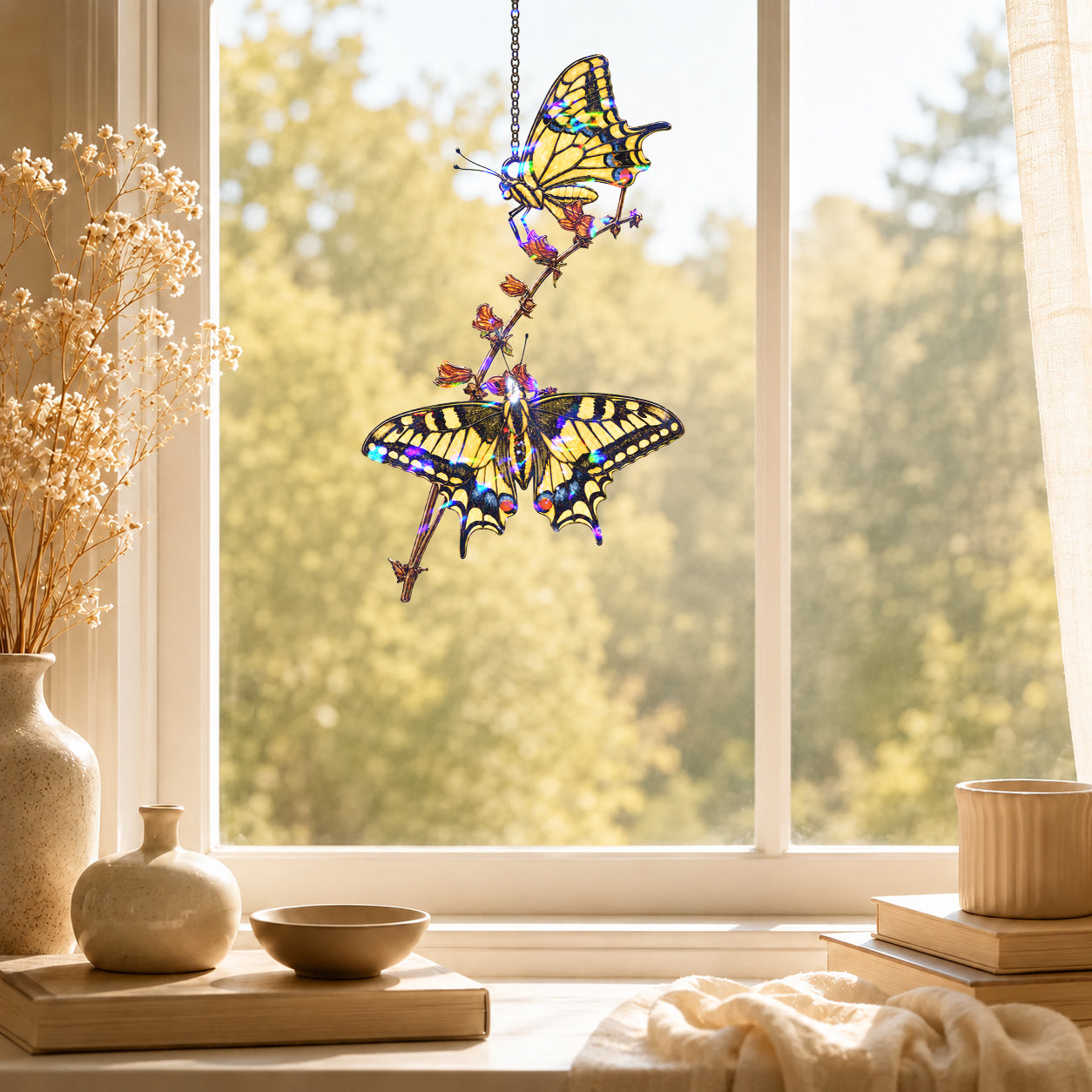 Two Swallowtail Butterflies on Blossom Branch Holographic Acrylic Suncatcher