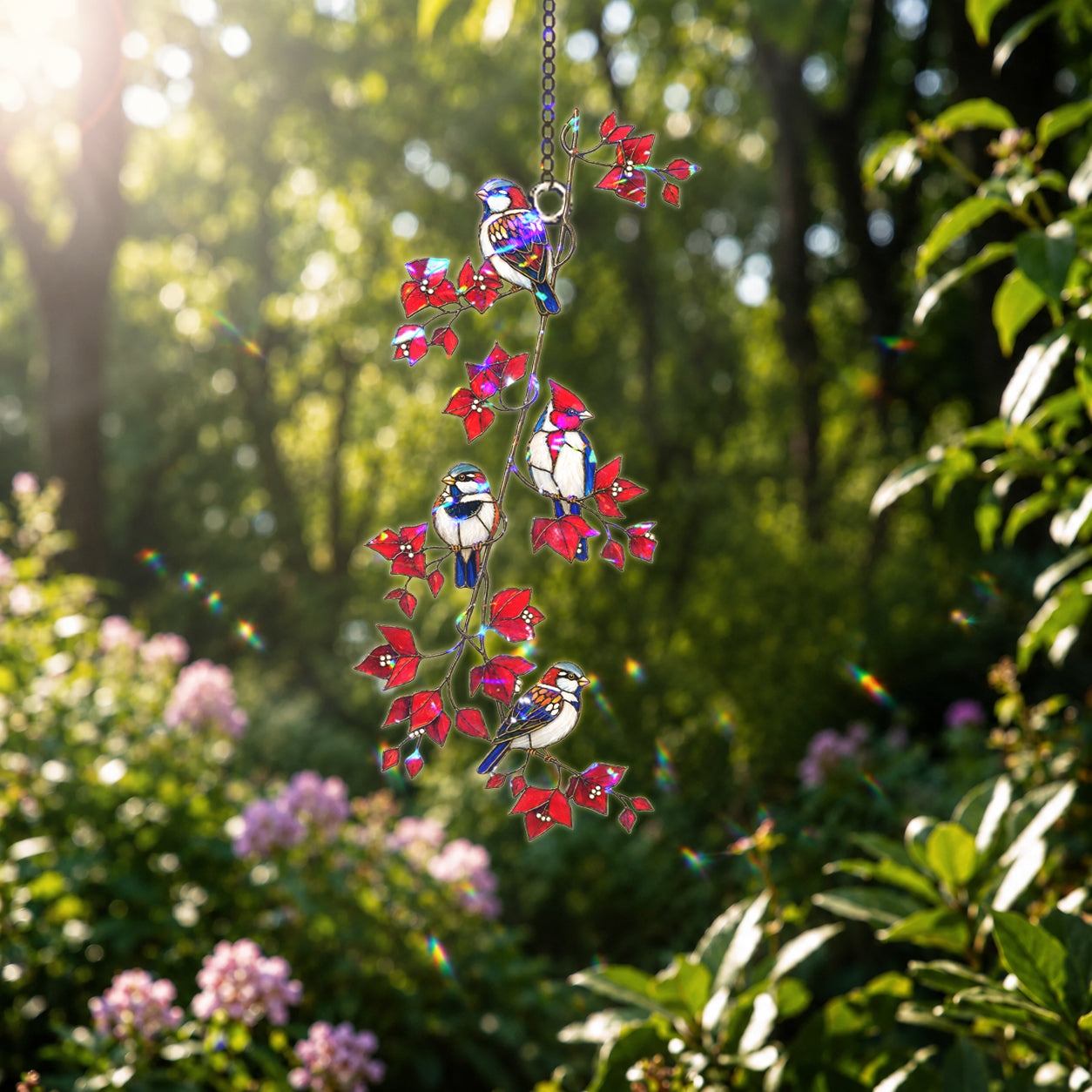 Sparrows & Cardinal on Red Leaf Vine Holographic Acrylic Suncatcher