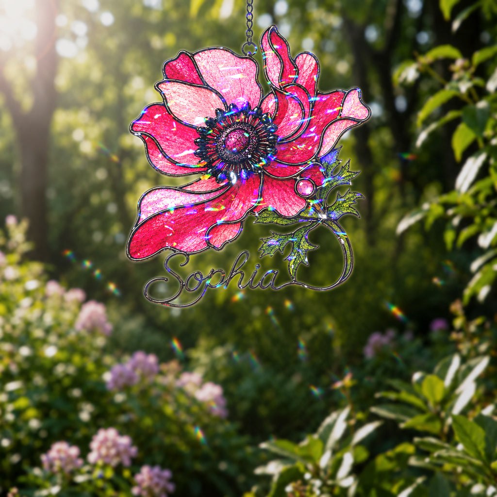 Personalized Pink Anemone Flower Holographic Acrylic Suncatcher