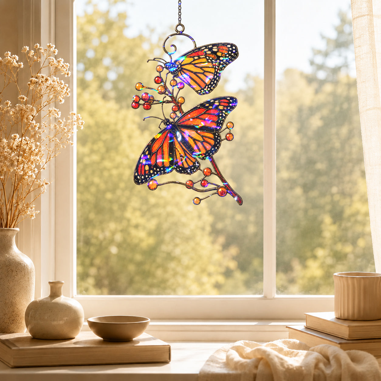 Monarch Butterflies & Berry Branch Holographic Acrylic Suncatcher
