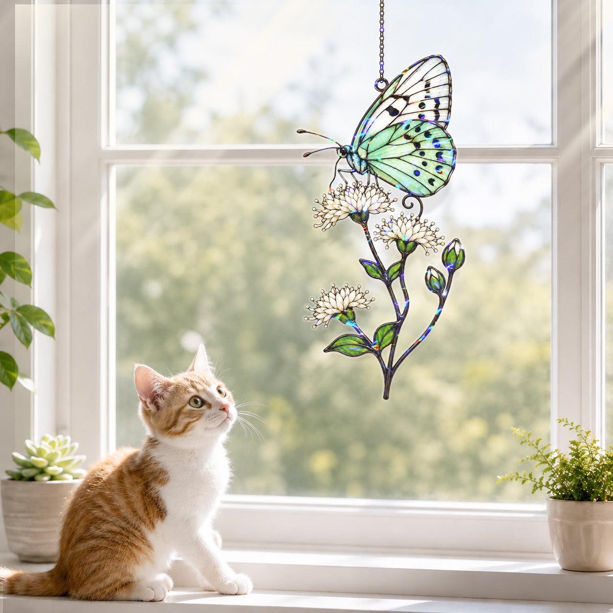 Mint Butterfly & White Blossom Holographic Acrylic Suncatcher