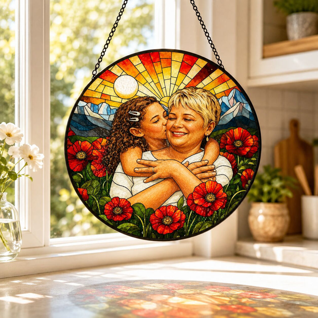 Personalized Poppy Sunrise Photo Stained Glass Suncatcher