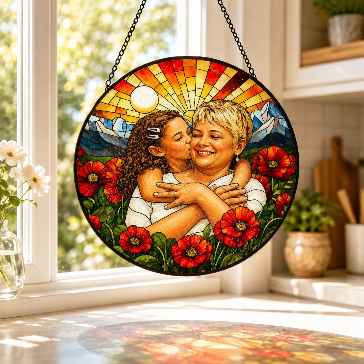 Personalized Poppy Sunrise Photo Stained Glass Suncatcher