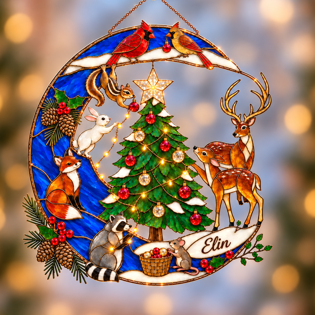 Personalized Woodland Christmas Cardinal Pair Crescent Moon Holographic Acrylic Suncatcher