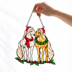 Horse Pair in Santa Hats with Wreath Holographic Acrylic Suncatcher