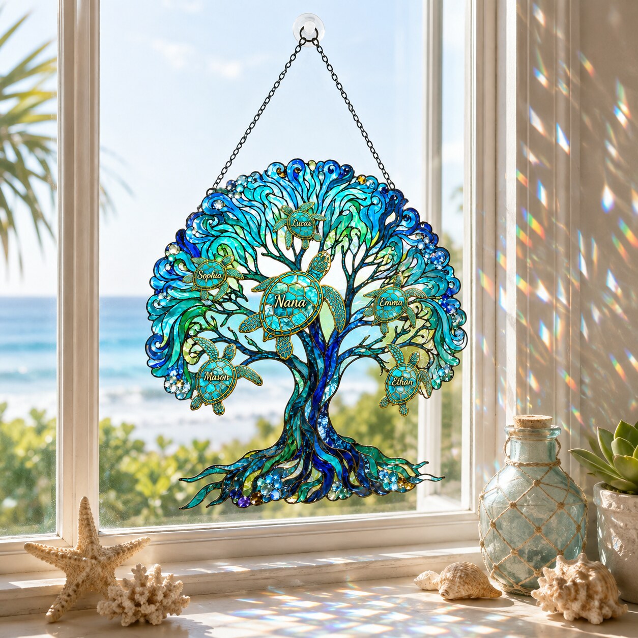 Personalized NANA Sea Turtle Tree of Life Holographic Acrylic Suncatcher