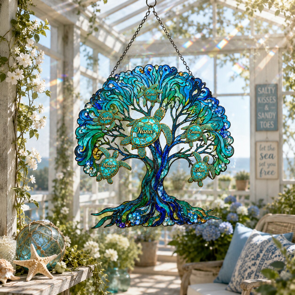 Personalized NANA Sea Turtle Tree of Life Holographic Acrylic Suncatcher