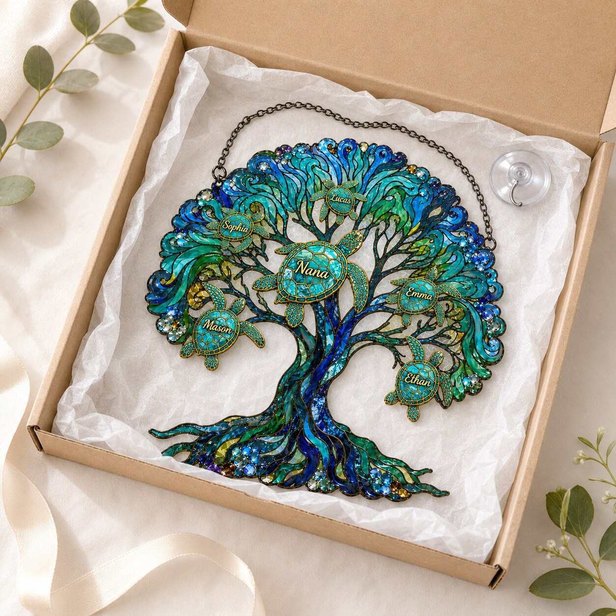Personalized NANA Sea Turtle Tree of Life Holographic Acrylic Suncatcher