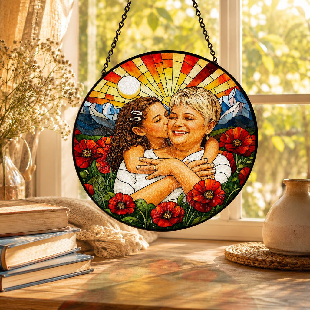 Personalized Poppy Sunrise Photo Stained Glass Suncatcher