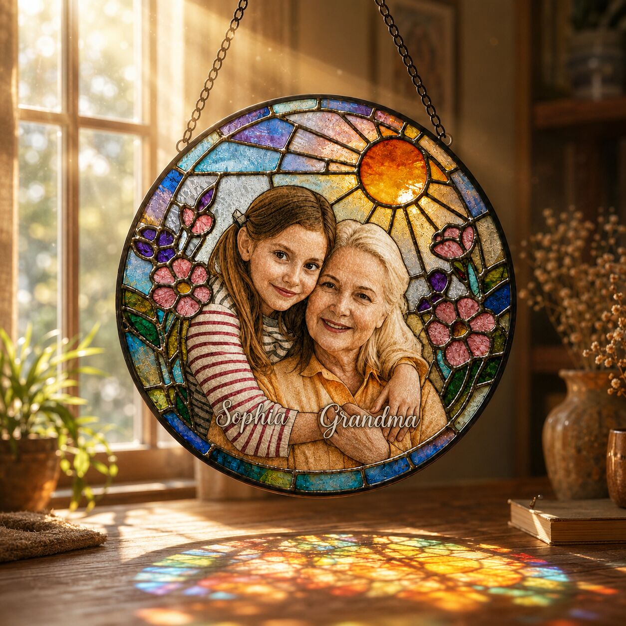 Personalized Blossom Sunrise Photo Stained Glass Suncatcher