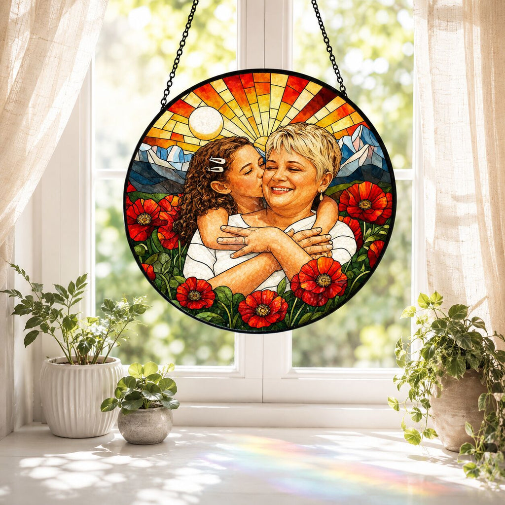 Personalized Poppy Sunrise Photo Stained Glass Suncatcher