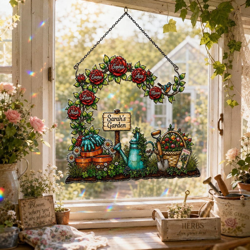 Personalized Grandma's Garden Rose Arch Holographic Acrylic Suncatcher