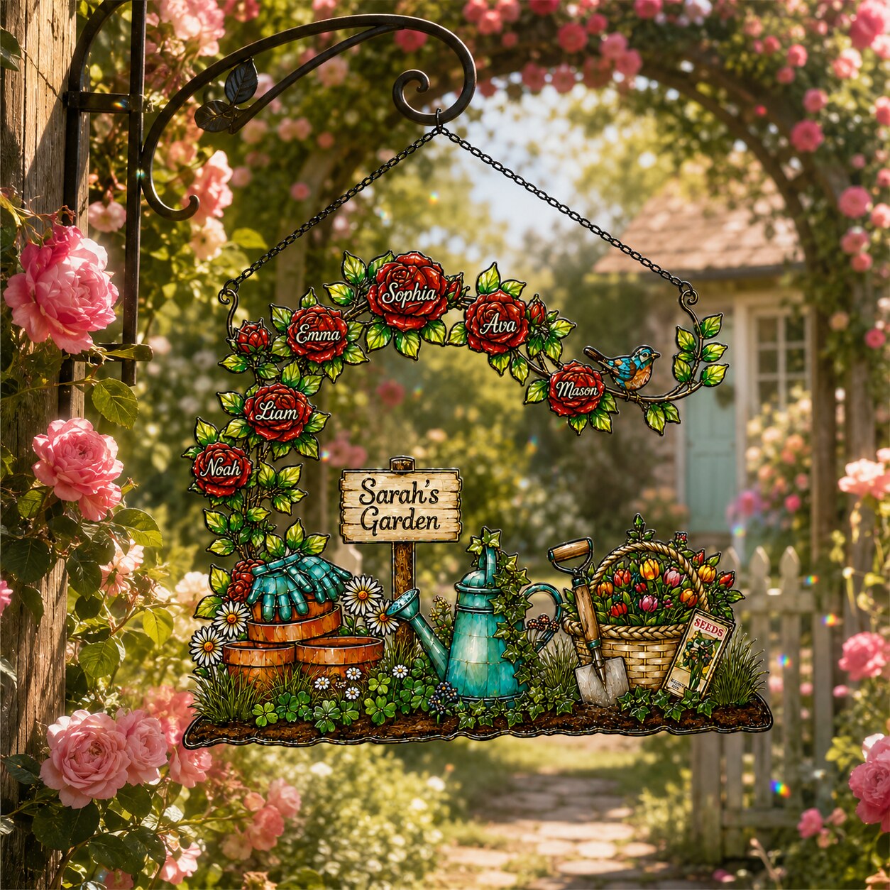 Personalized Grandma's Garden Rose Arch Holographic Acrylic Suncatcher