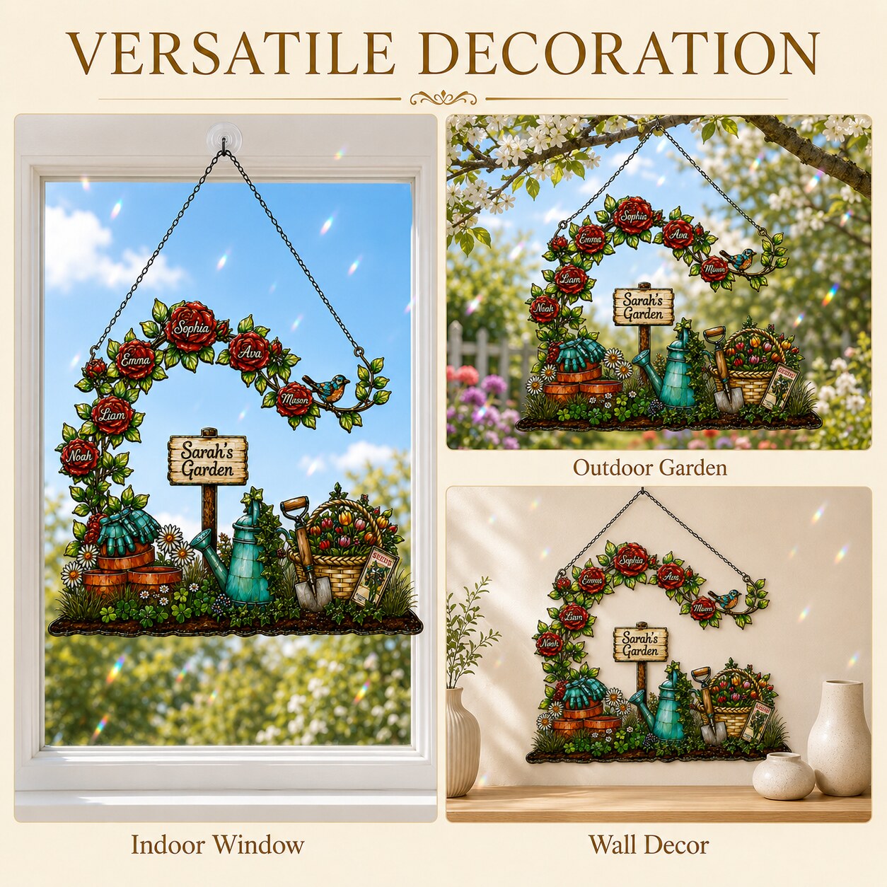 Personalized Grandma's Garden Rose Arch Holographic Acrylic Suncatcher